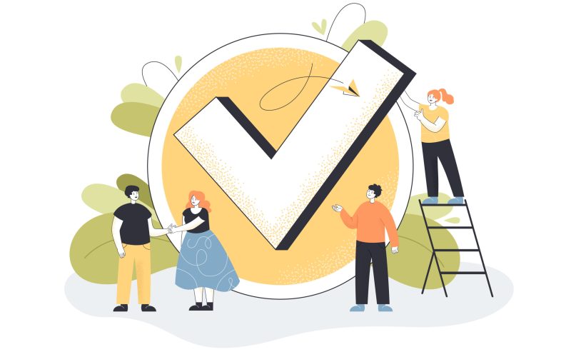 Tiny people standing near big checkmark. Team of male and female characters finishing work with to do list or good job sign flat vector illustration. Done job, checklist, time management concept